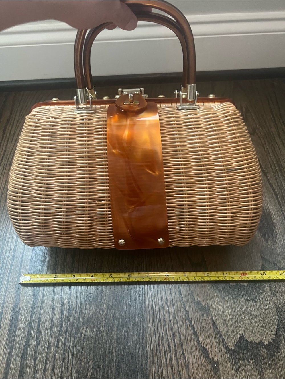 Vintage 1960’s Woven Rattan Top-Handle Bag with Amber Accent